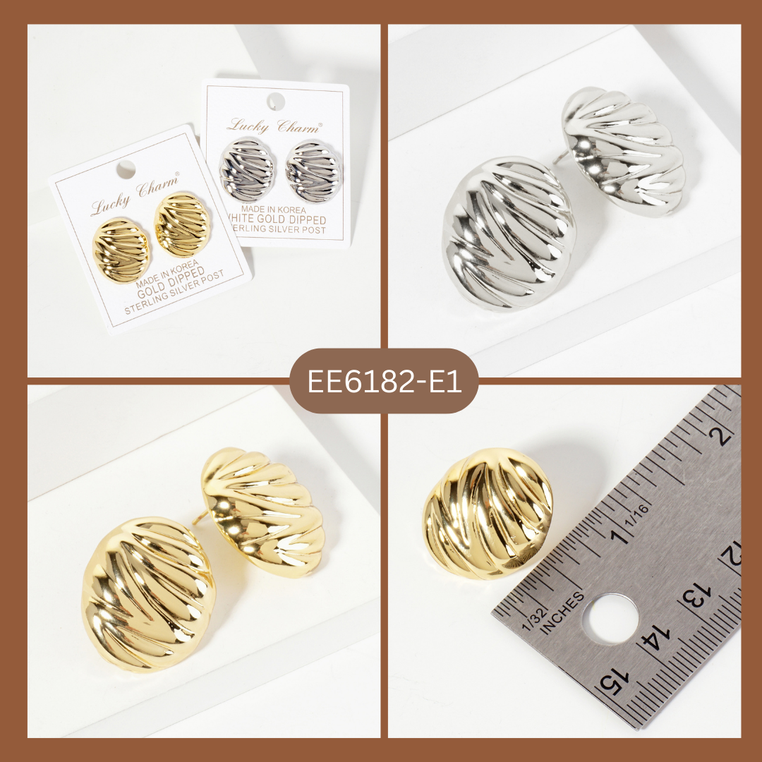 Brass Ribbed Oval-Shaped Stud Earrings