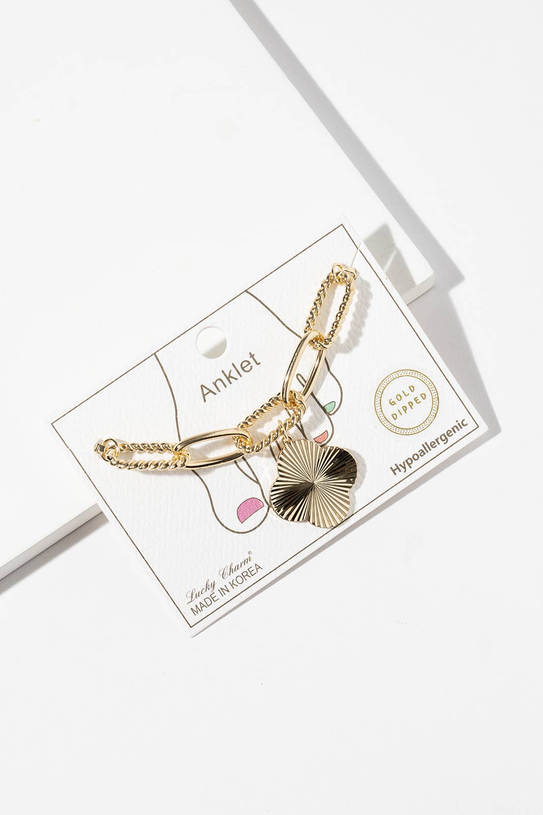 Lucky Clover Ribbed Charm Mixed Link Anklet