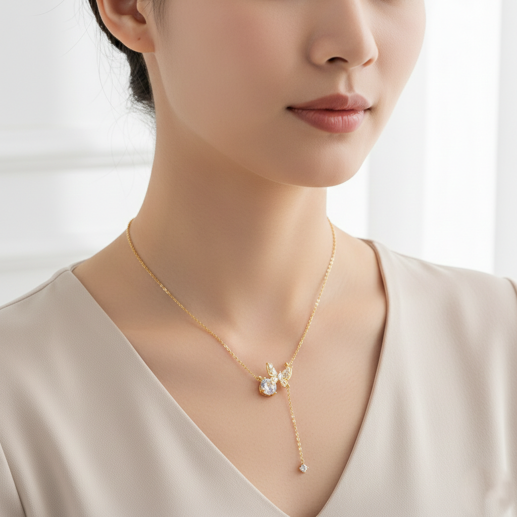 Elegant Butterfly Y-Necklace with Cubic Zirconia Drop