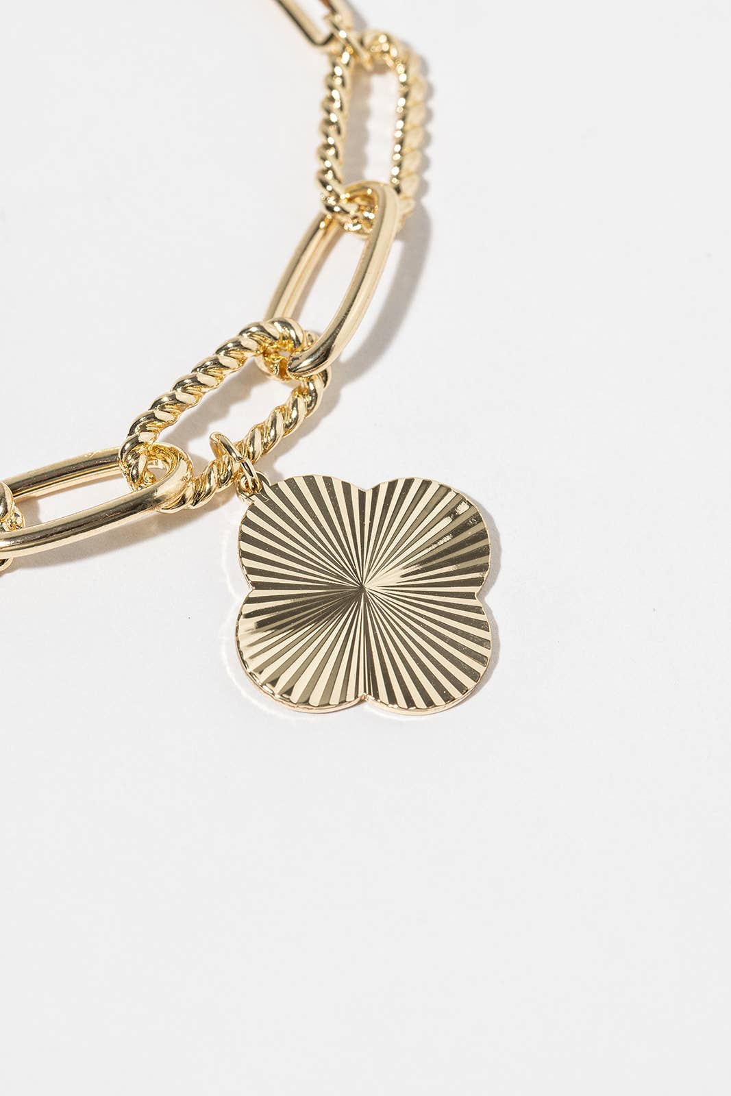 Lucky Clover Ribbed Charm Mixed Link Anklet