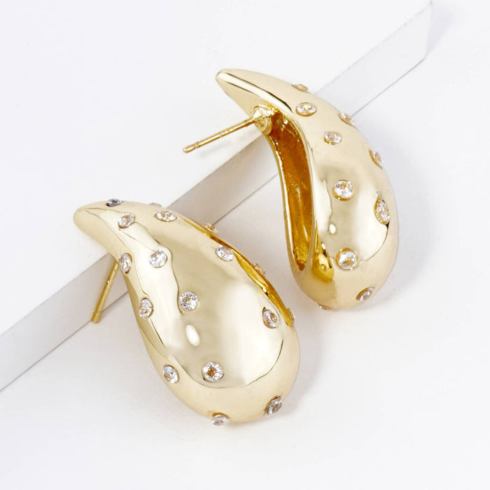 Cubic Zirconia Embedded Puffy Teardrop Stud Earrings