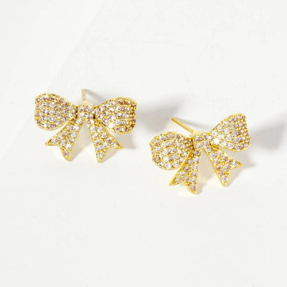 Pave-Set 17mm Bow 18K-Gold-Dipped Stud Earrings