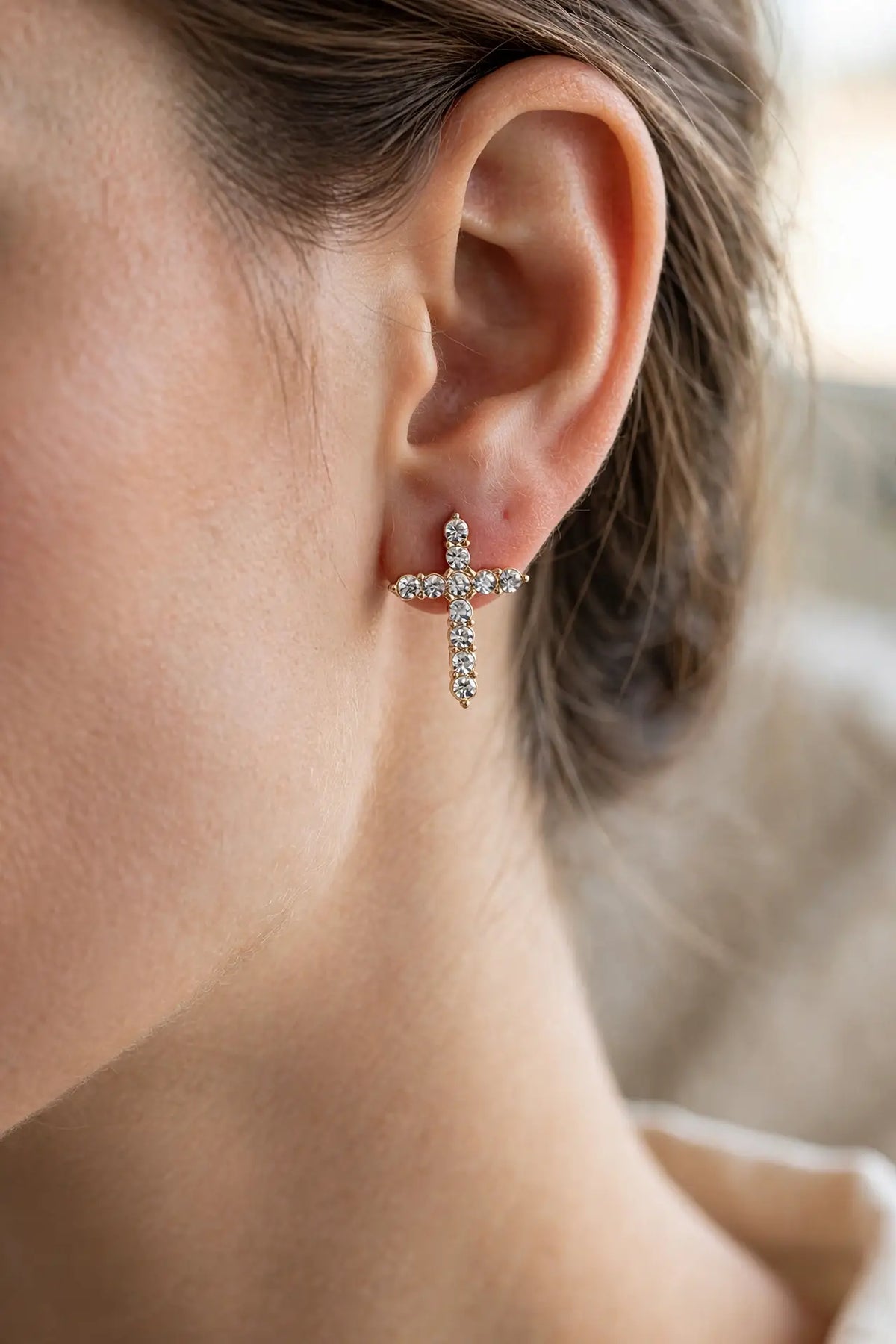 Big Crystal Cross Stud Earrings – Bold Round-Crystal Cross,