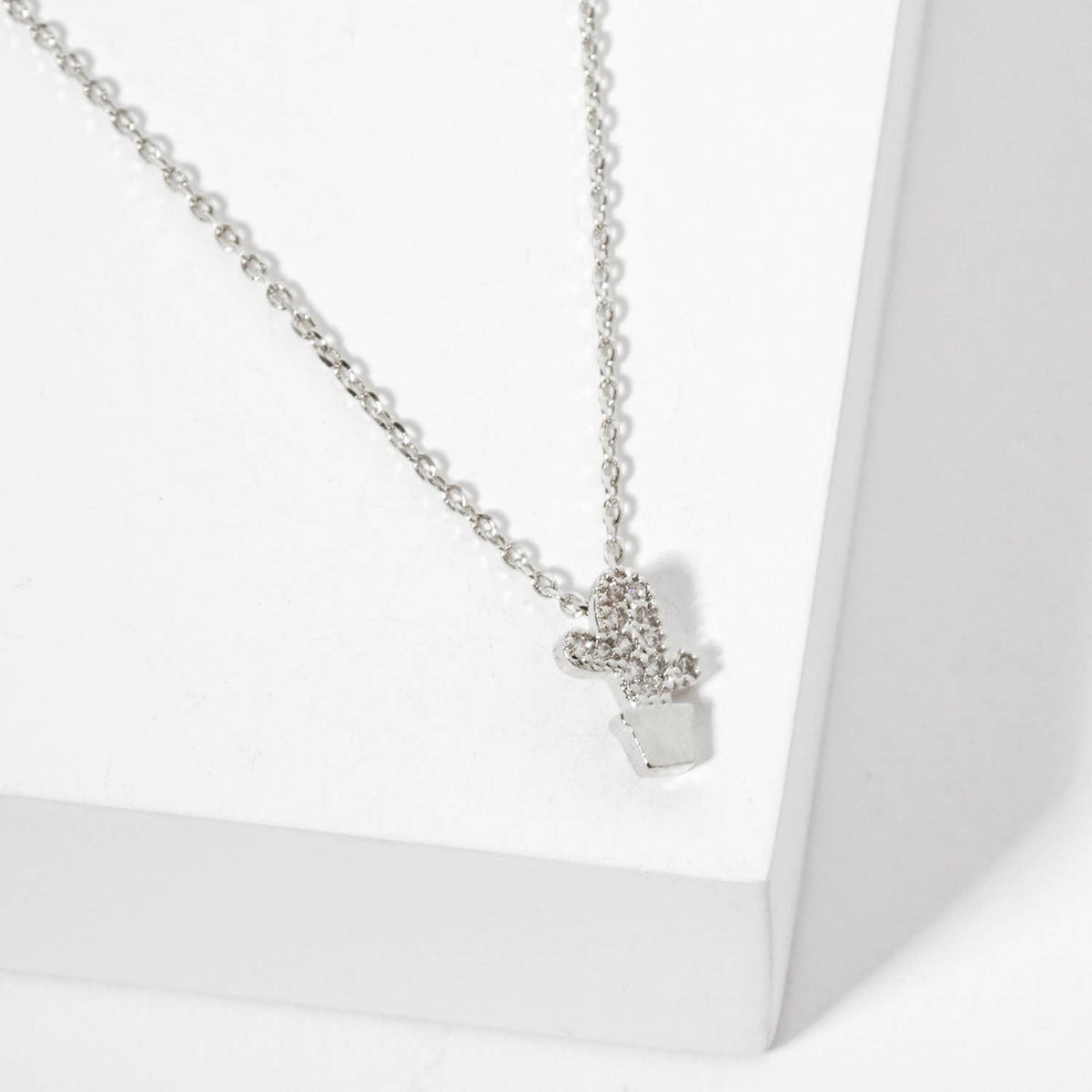 Minimalist Dainty Pave Cactus Pendant Necklace