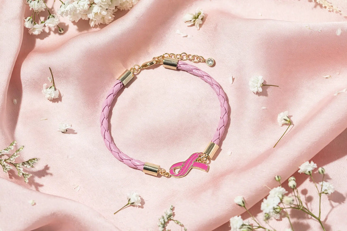 Pink Feather Ribbon Braided Bracelet – Gold-Dipped Awareness