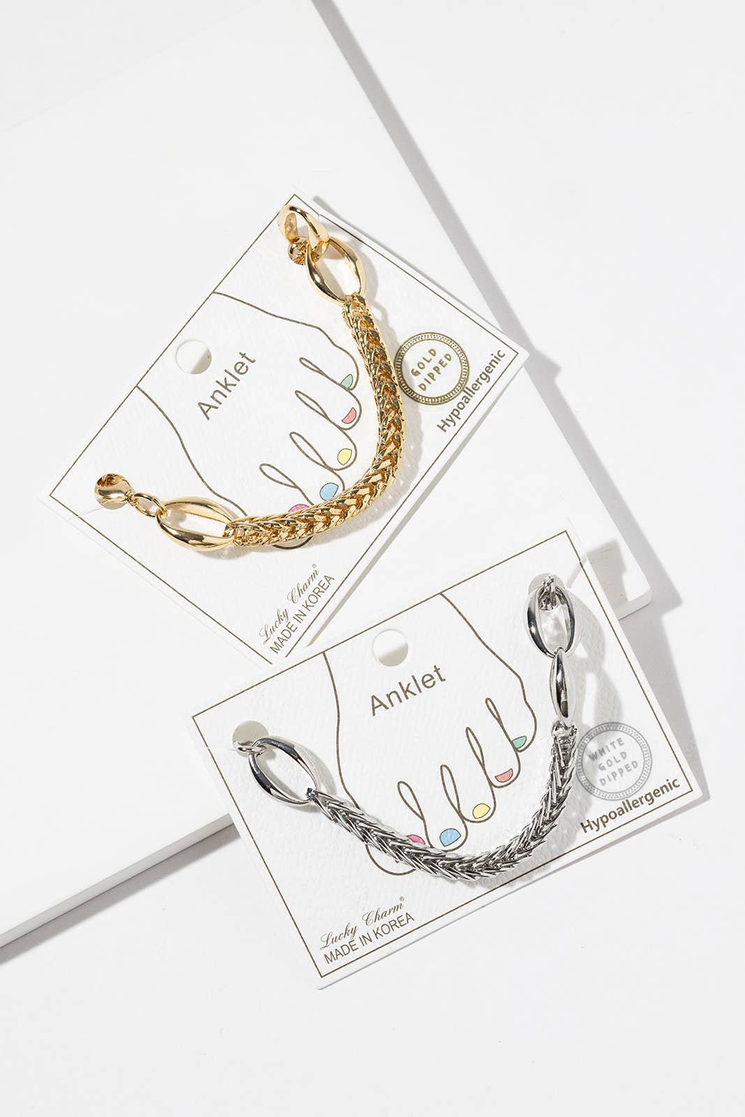 Mixed Link & Wheat Chain Anklet - 14K Gold/White Gold Dipped