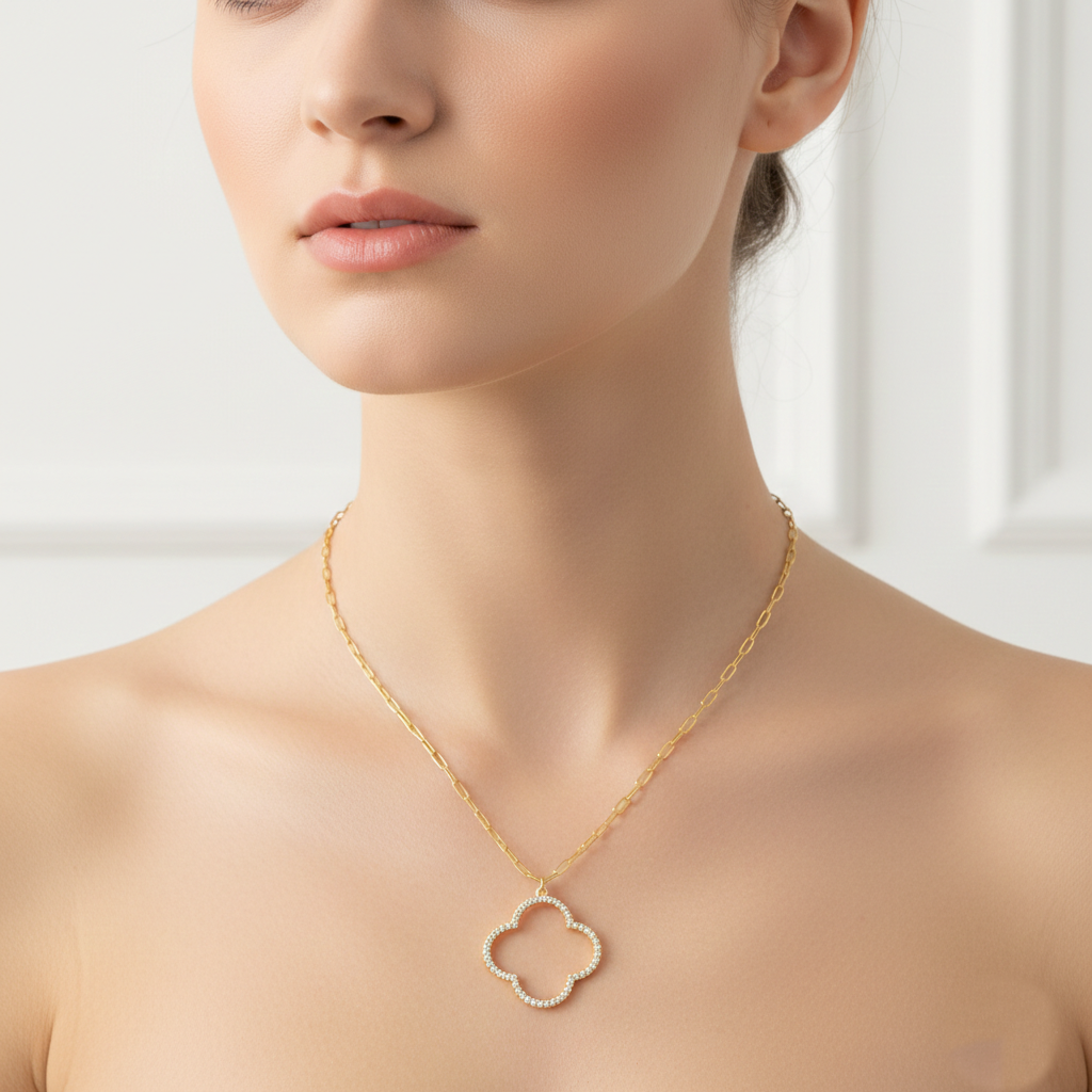 18K Gold Dipped CZ Pave Quatrefoil Pendant Necklace