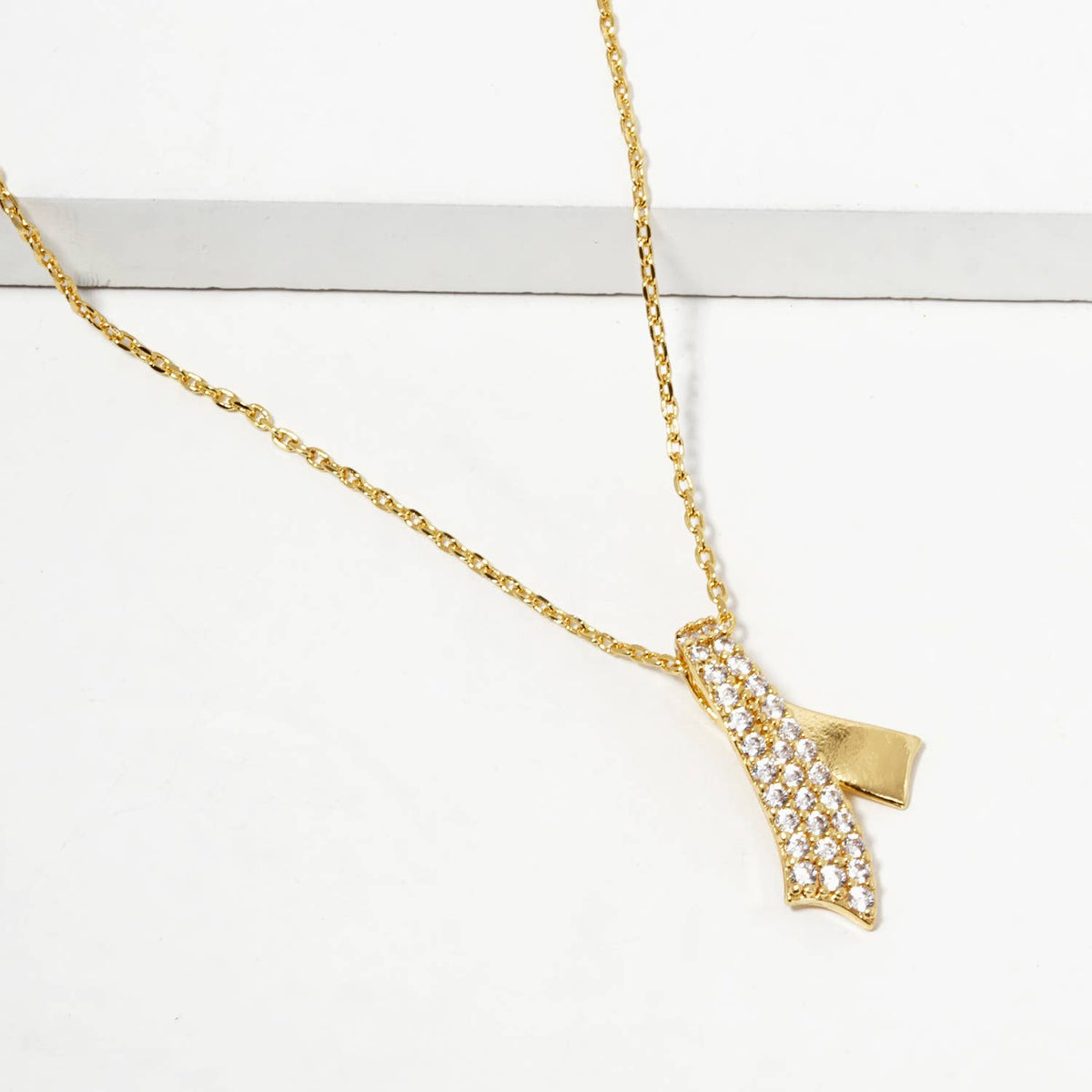 Elegant Pave Crystal Layered Ribbon Pendant Necklace