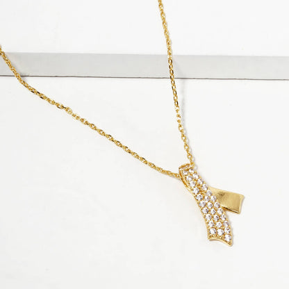 Elegant Pave Crystal Layered Ribbon Pendant Necklace