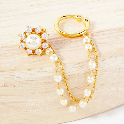 Pave-Set CZ Pearl Flower Stud and Ear Cuff Drape Earring Set