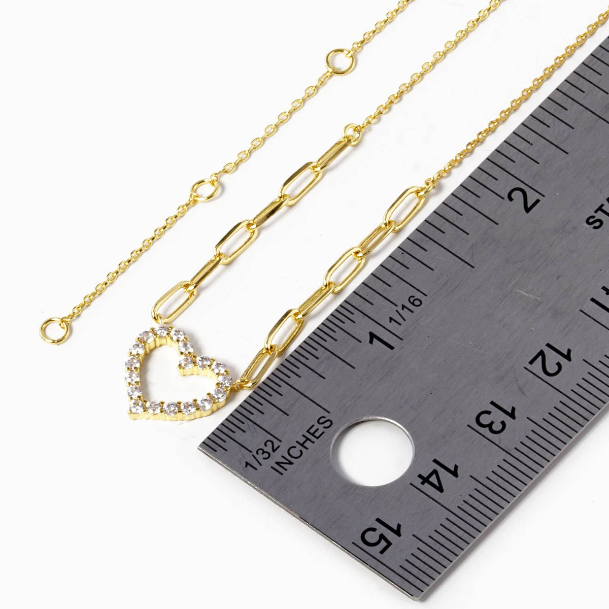 Pave CZ Open Heart Link Mixed Chain Necklace