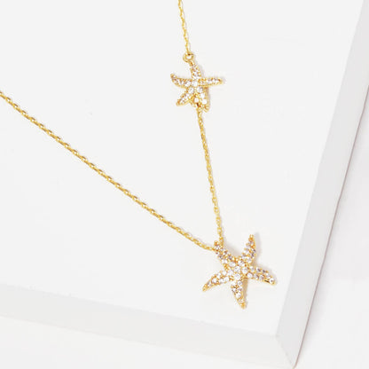 Gold Dipped Cubic Zirconia Pave Sea Life Starfish Necklace