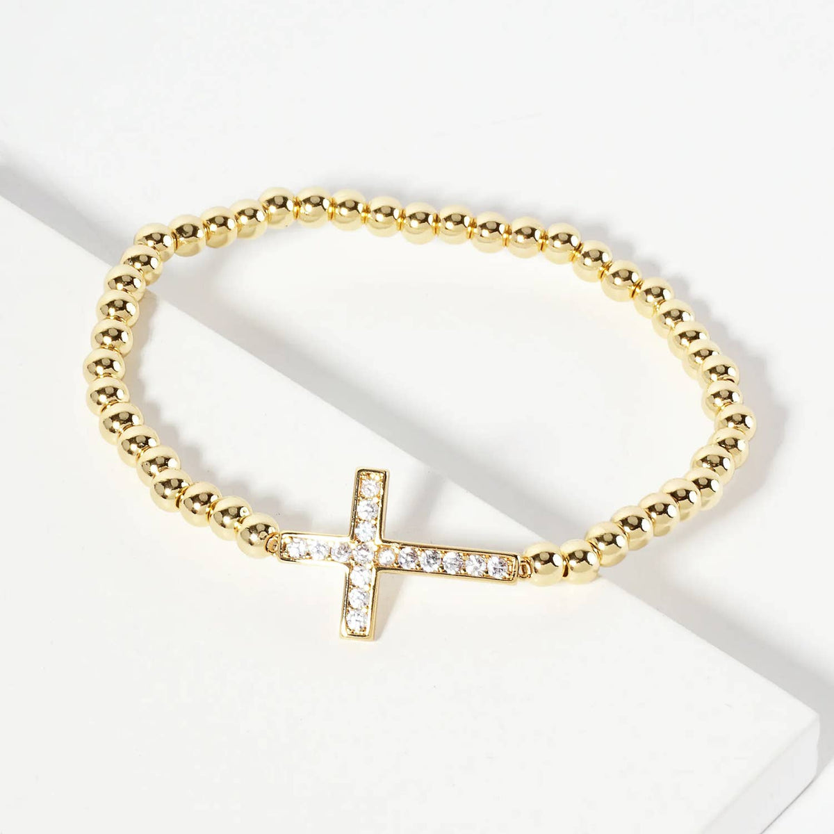 Elegant Beaded Sideways Pavé Cross Bracelet