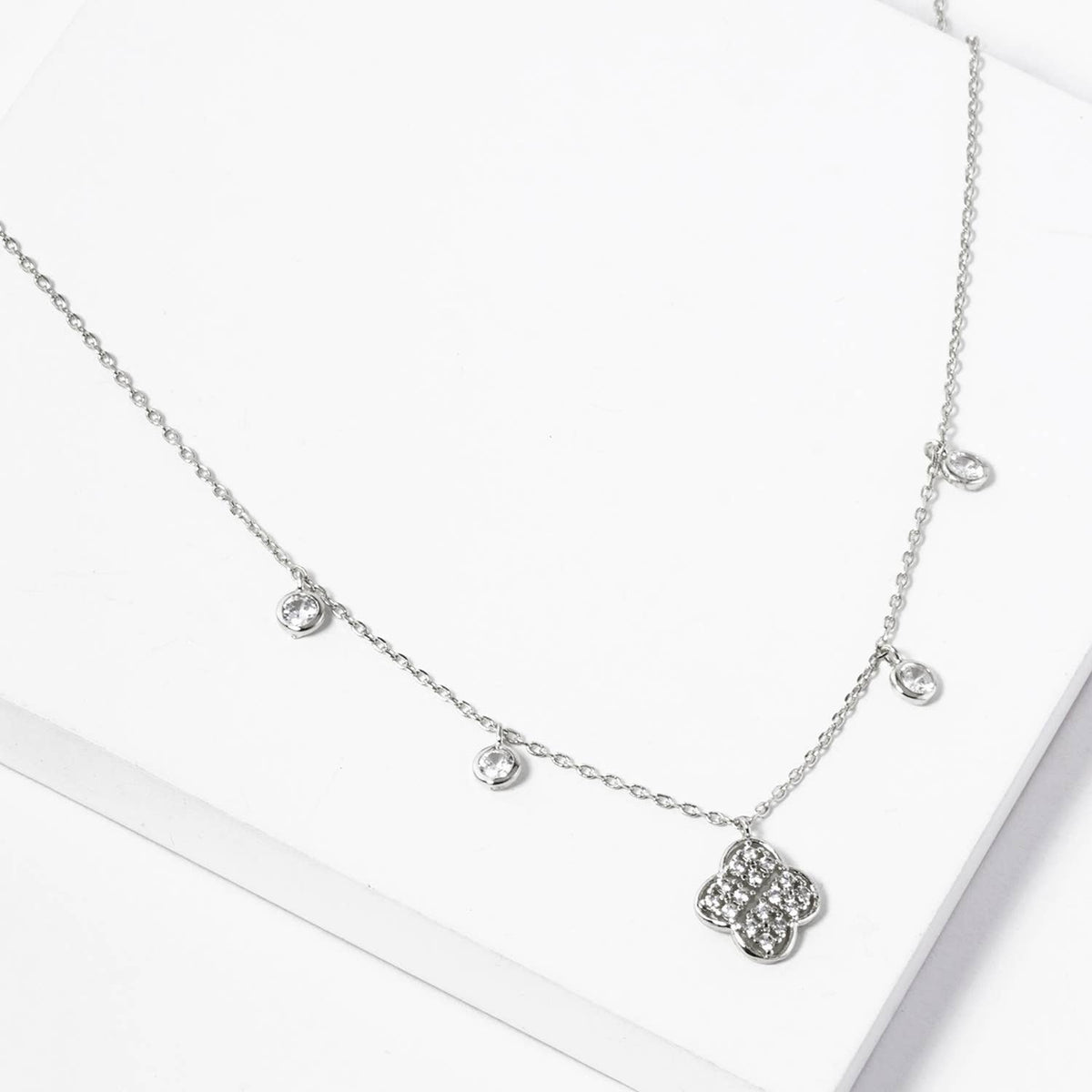 Cubic Zirconia Pave Clover Station Charm Choker Necklace