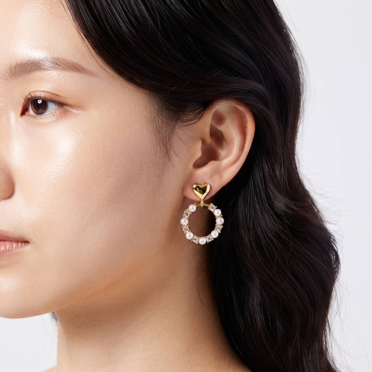 Heart and Pearl Pave Hoop Earrings