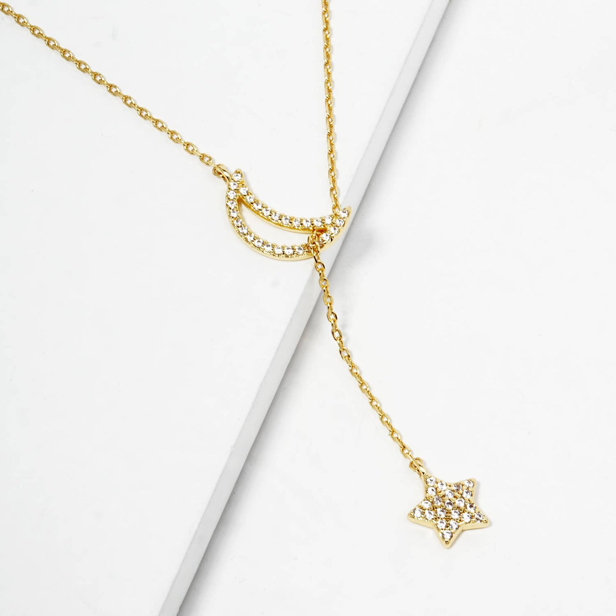 Minimalist Pave Moon and Star Lariat Necklace