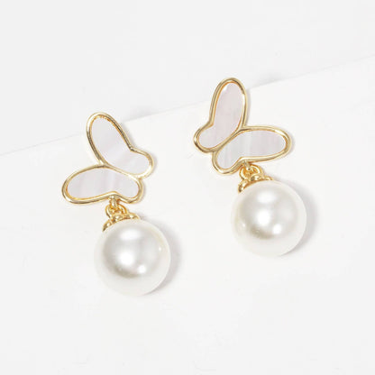Gold Freshwater Pearl Butterfly Drop Earrings
