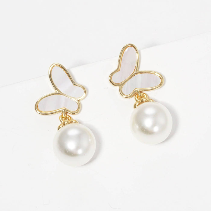 Gold Freshwater Pearl Butterfly Drop Earrings