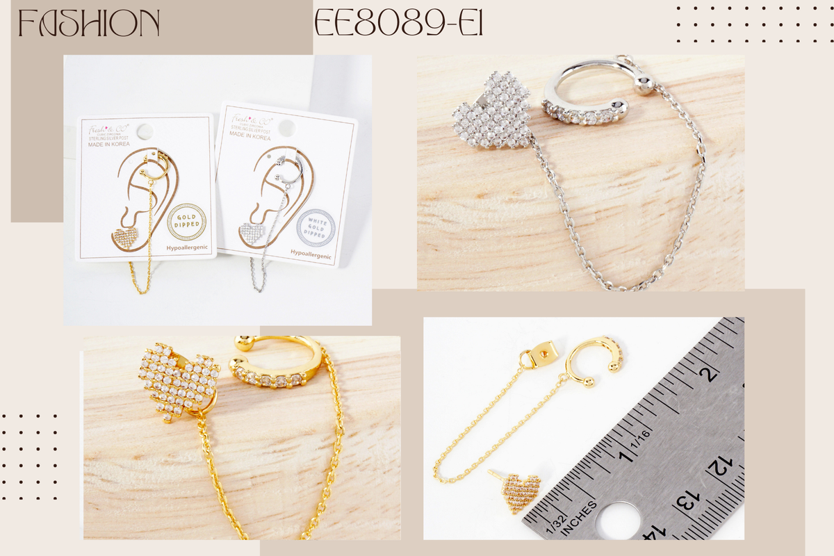 Pixel Heart Stud and Ear Cuff Drape Chain Earring Set