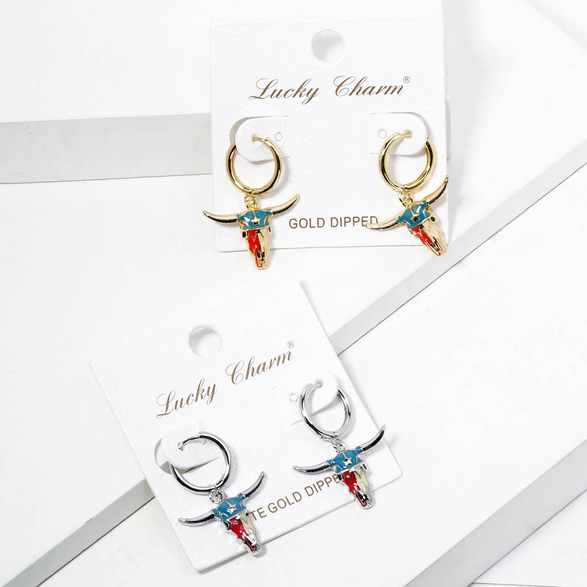 Enamel Western Bull Skull Huggie Hoop Earrings