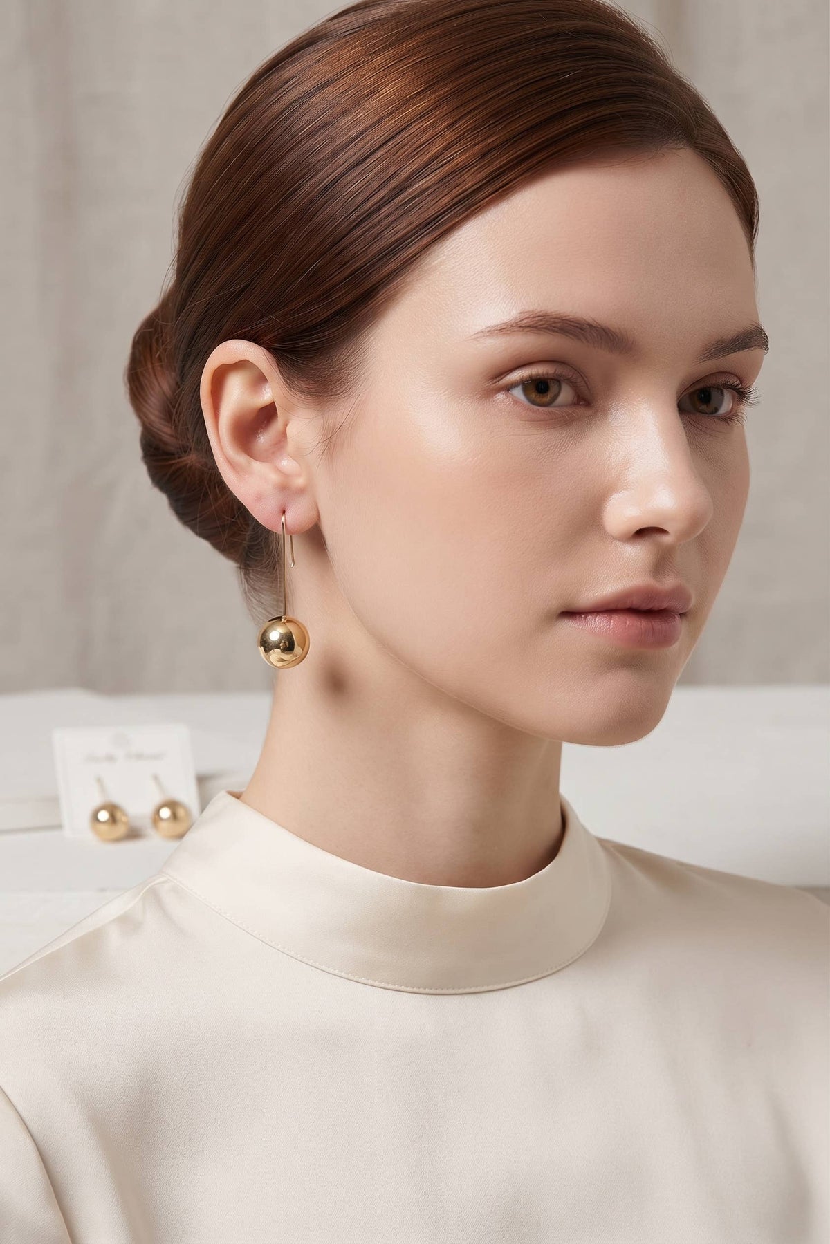 Long Hook Ball Drop Earrings – Metal Ball & Pearl Ball, Gold