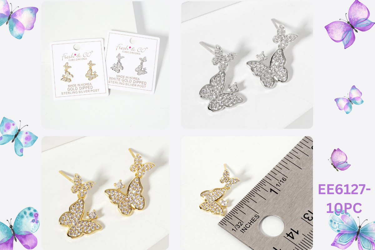 Pave-Set Double Butterfly Drop 18K-Gold-Dipped Post Earrings