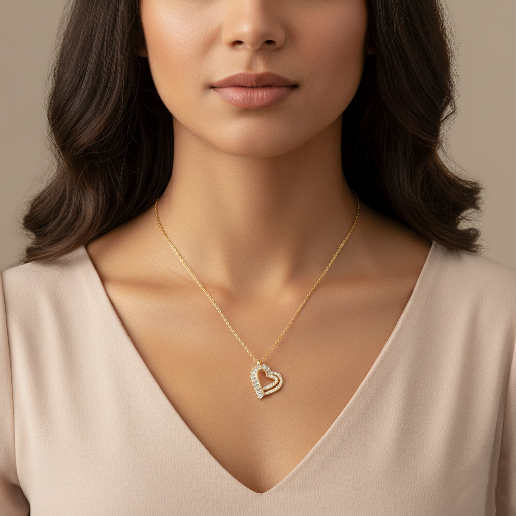 18K Gold Dipped CZ Pave Heart Pendant Delicate Necklace