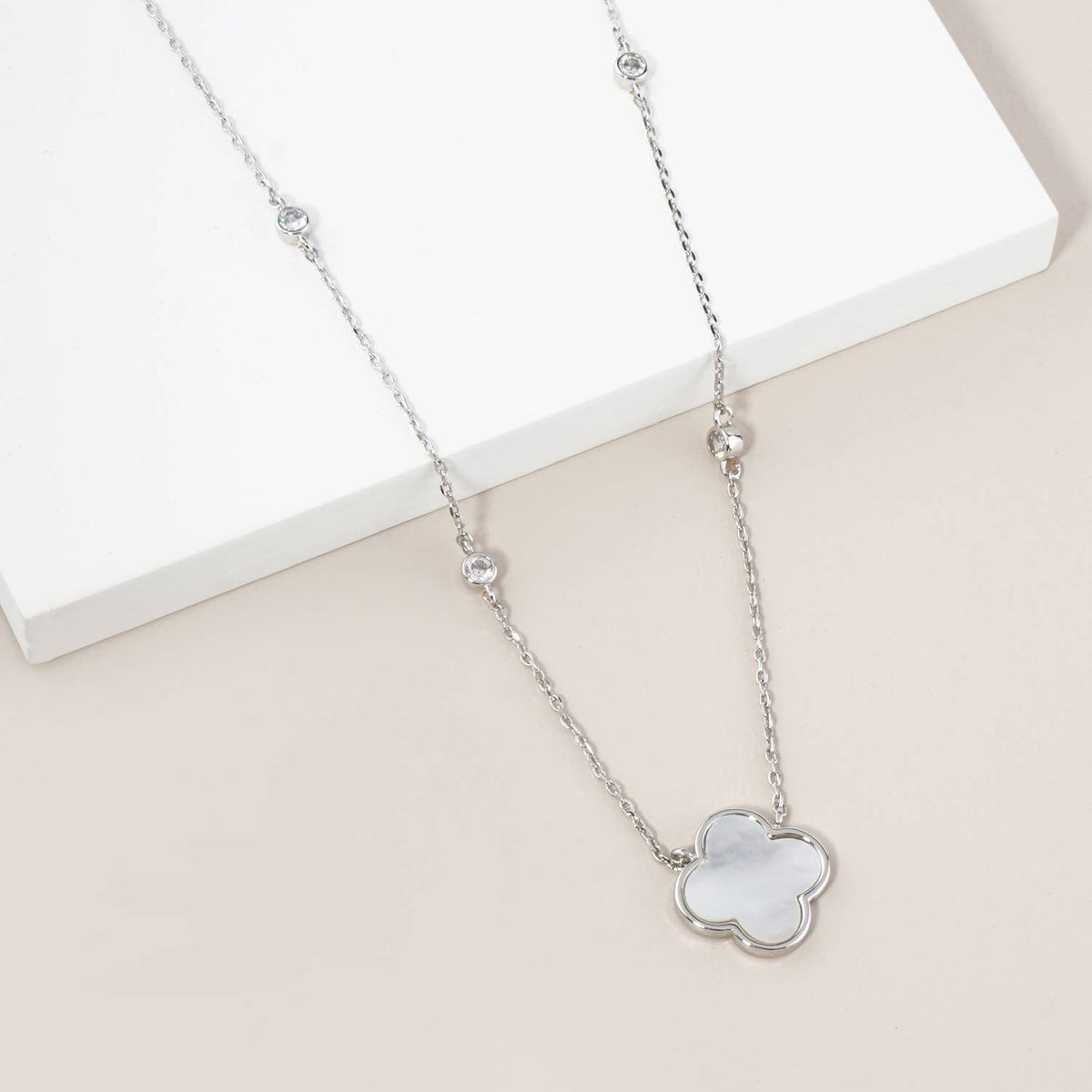 13mm Quatrefoil Pendant CZ Stone Chain Necklace / 18K Gold