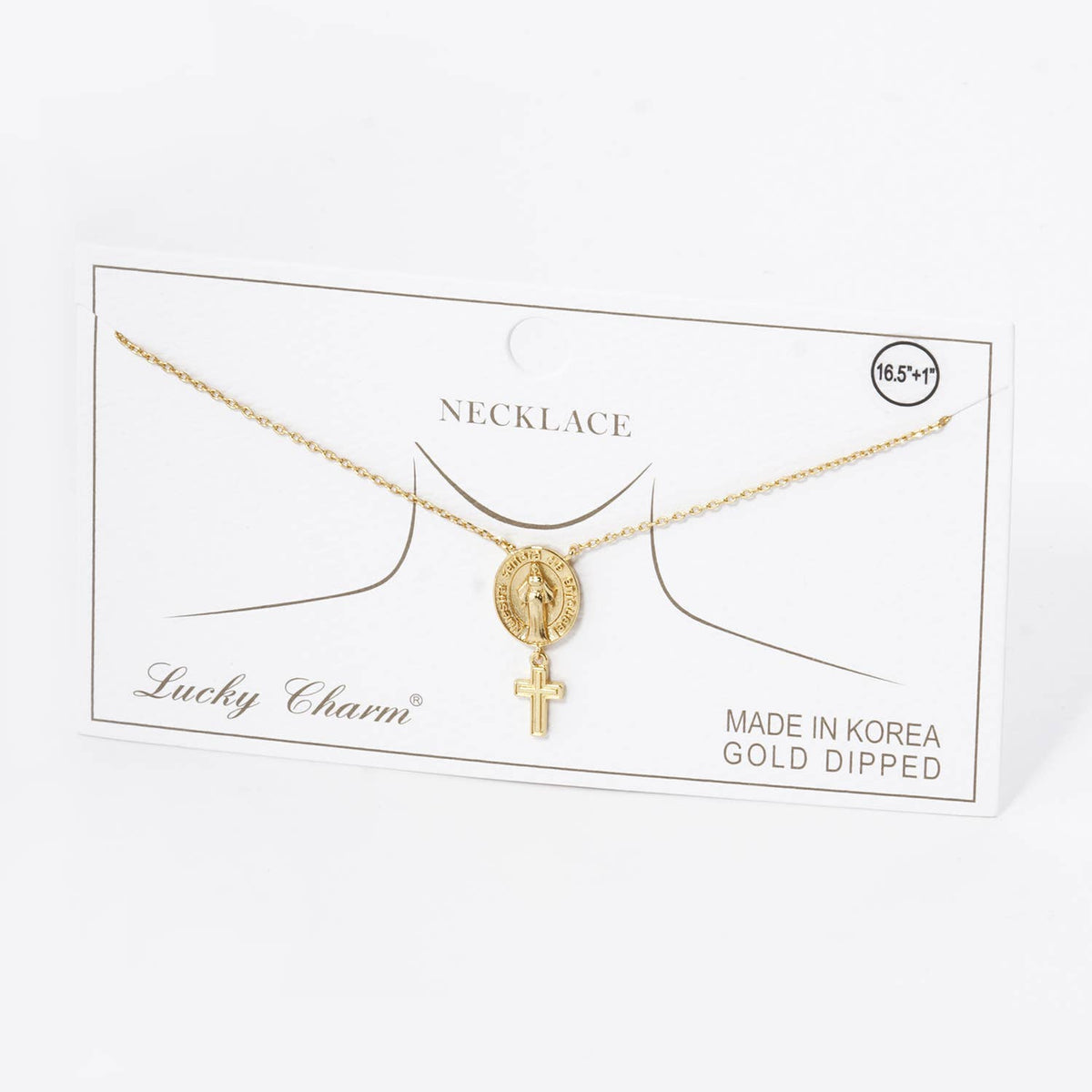 Gold Dipped Virgin Mary & Cross Double Pendant Necklace