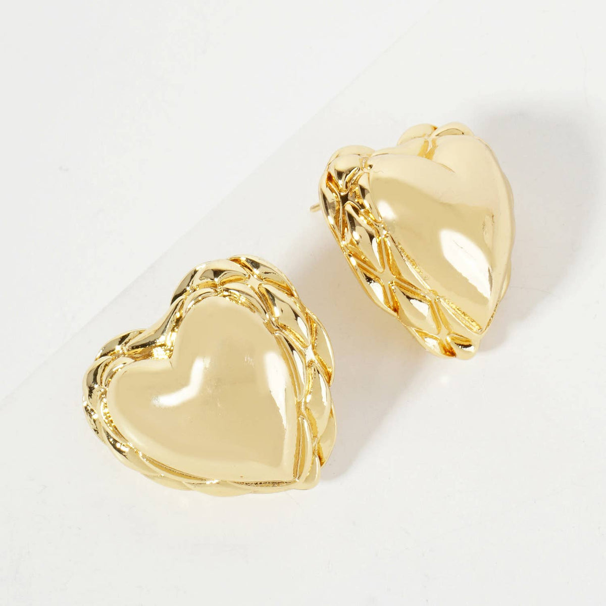 Polished Brass Textured Puffy Heart Stud Earrings