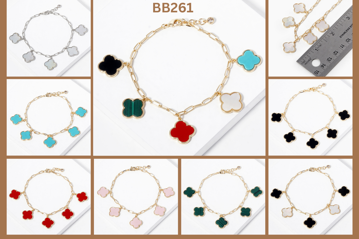 Mother of Pearl Clover Charm Paperclip Link Bracelet