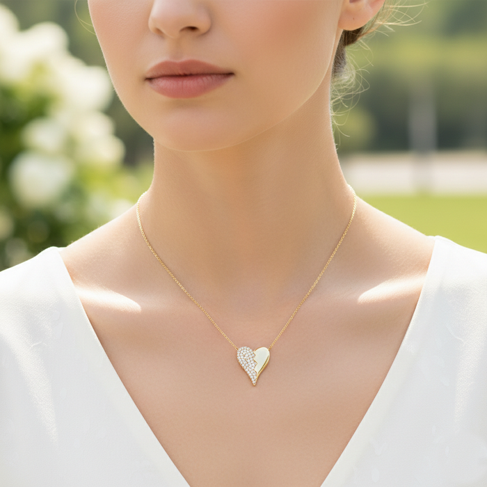 Heart Pendant Necklace / Half Cubic Zirconia Pave / 18K Gold