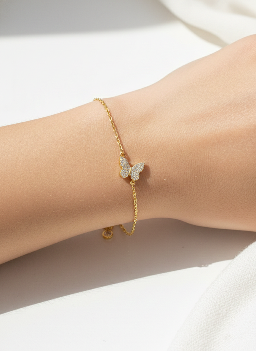 Pave Butterfly Charm Chain Bracelet