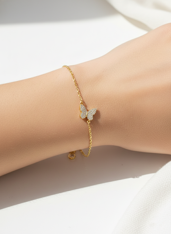 Pave Butterfly Charm Chain Bracelet