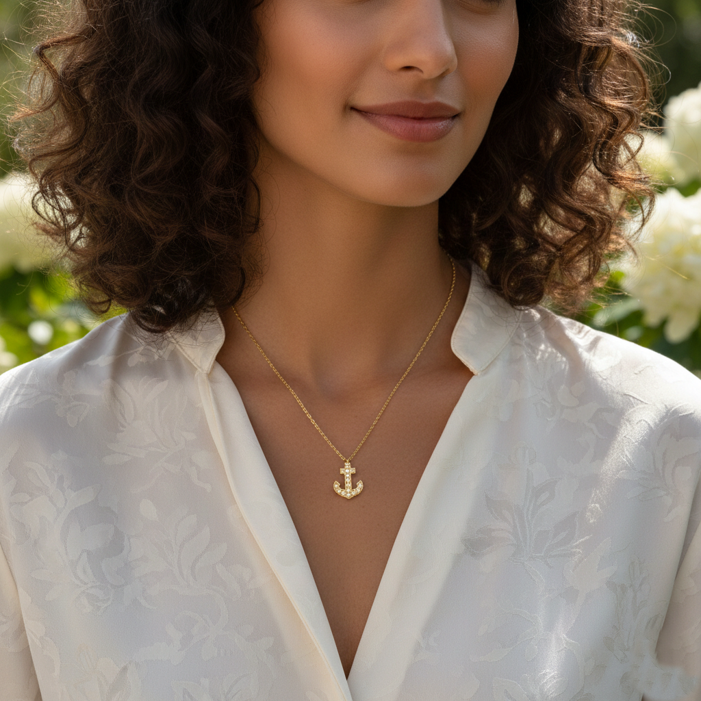 Pave Diamond Anchor Pendant Necklace