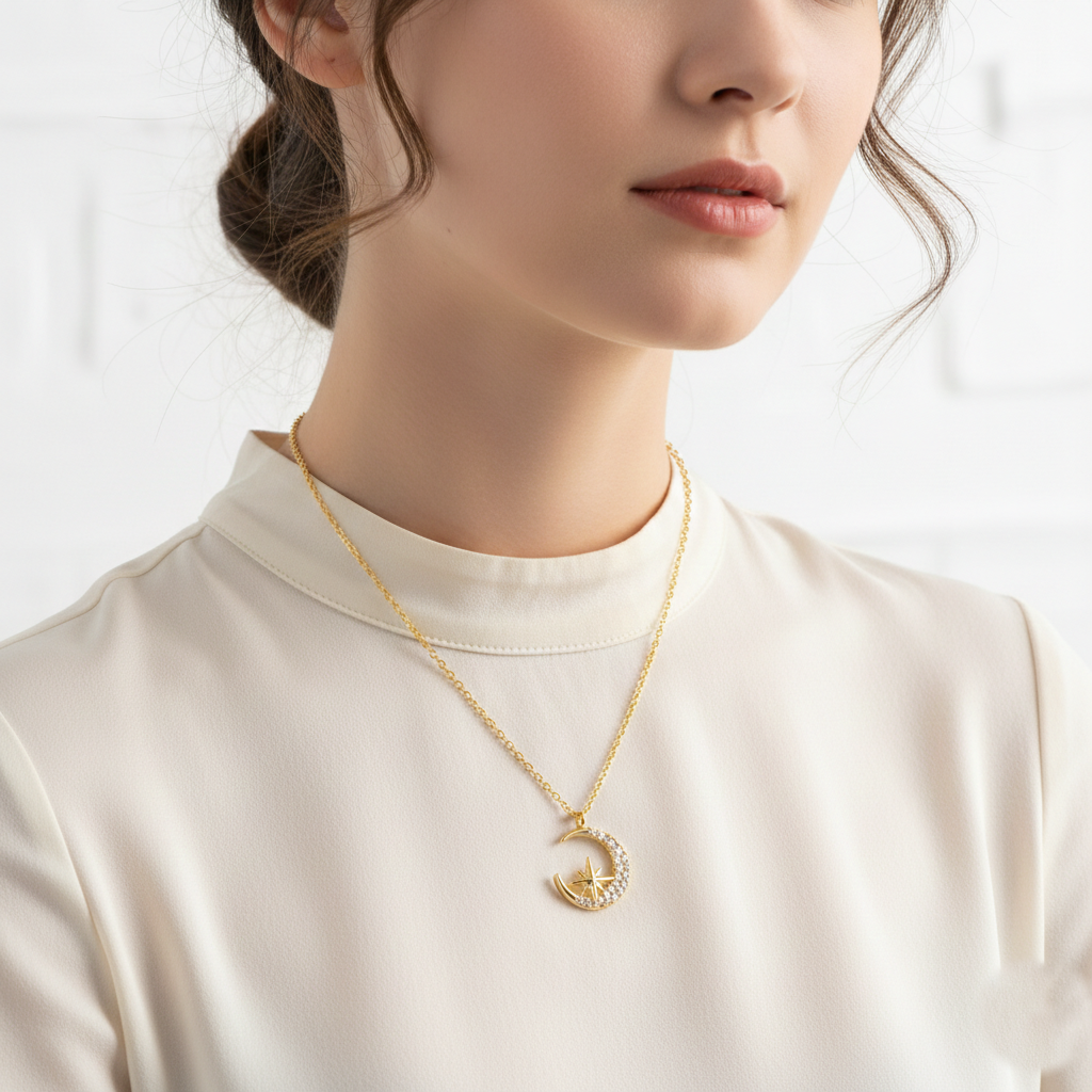 Celestial Crescent Moon and North Star Pendant Necklace
