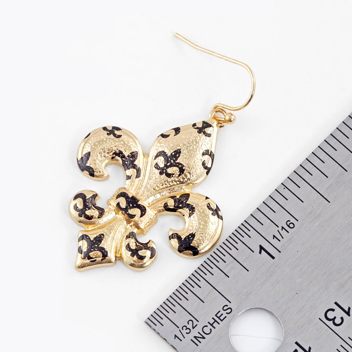 Gold Plated Black Spotted Fleur De Lis Dangle Earrings