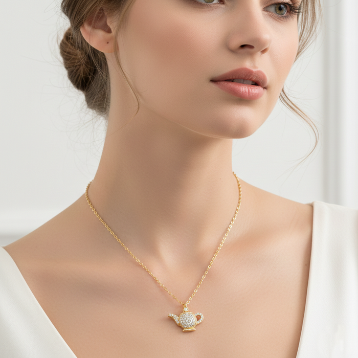 Dainty Teapot Pave CZ Pendant Necklace