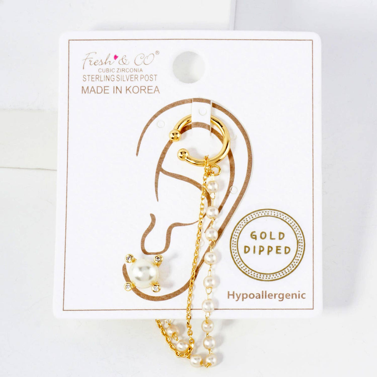 4-Prong 6mm Pearl Stud and Ear Cuff Drape Chain Earring Set