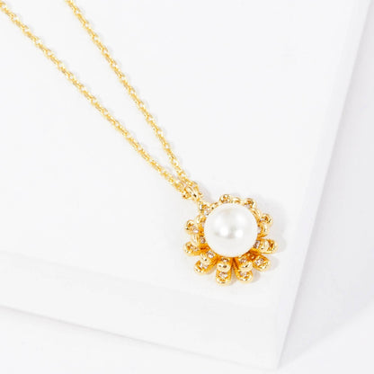 Dainty Pearl Sunflower Pendant Necklace