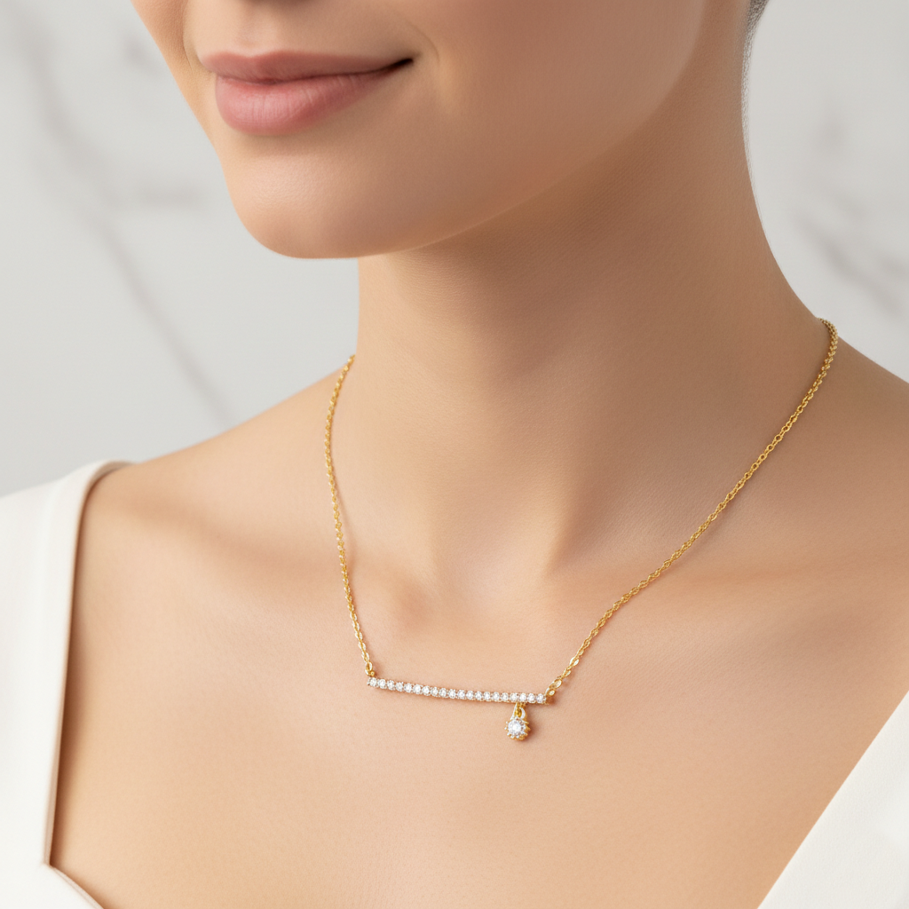 Delicate CZ Pave Horizontal Bar & Drop Charm Necklace