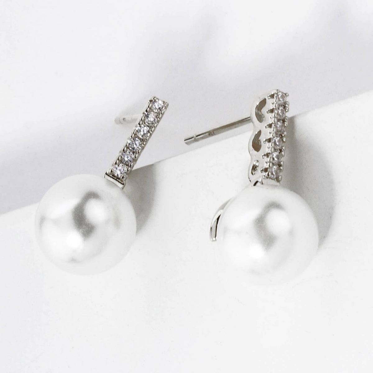 7MM PEARL DROP PAVE CUBIC ZIRCONIA BAR POST STUD EARRINGS