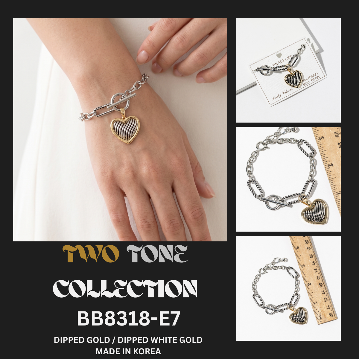 Two-Tone Mixed Chain Heart Charm Toggle Bracelet