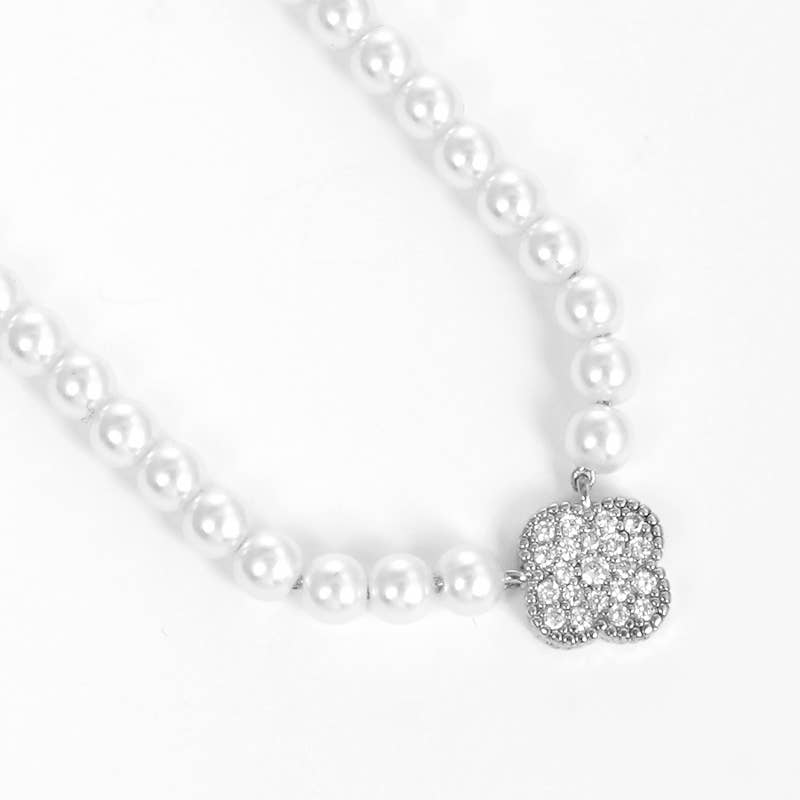 18K Gold Dipped CZ Quatrefoil Pendant Pearl Necklace