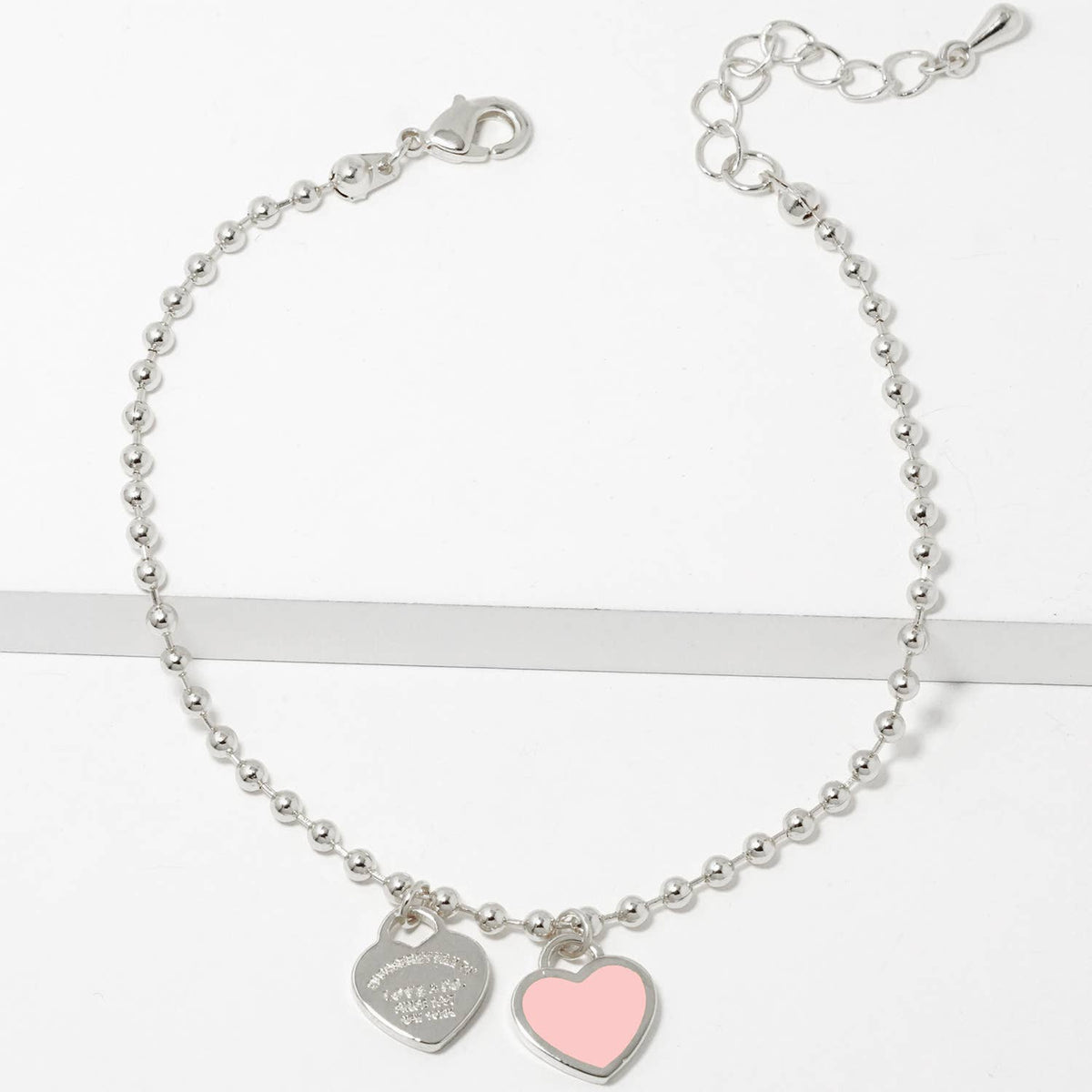Double Heart Charm Bead Chain Bracelet - Gold & White Gold D