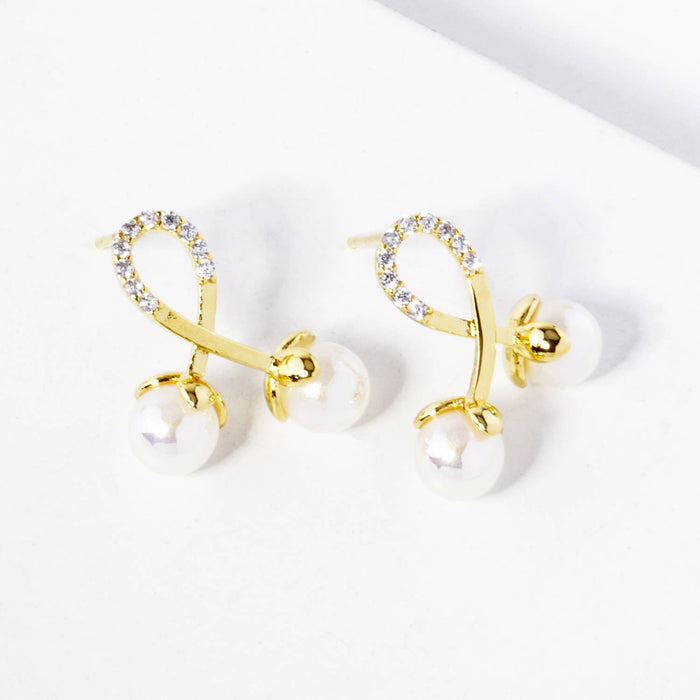 Dainty Spiral Grid Pearl & Cubic Zirconia Stud Earrings