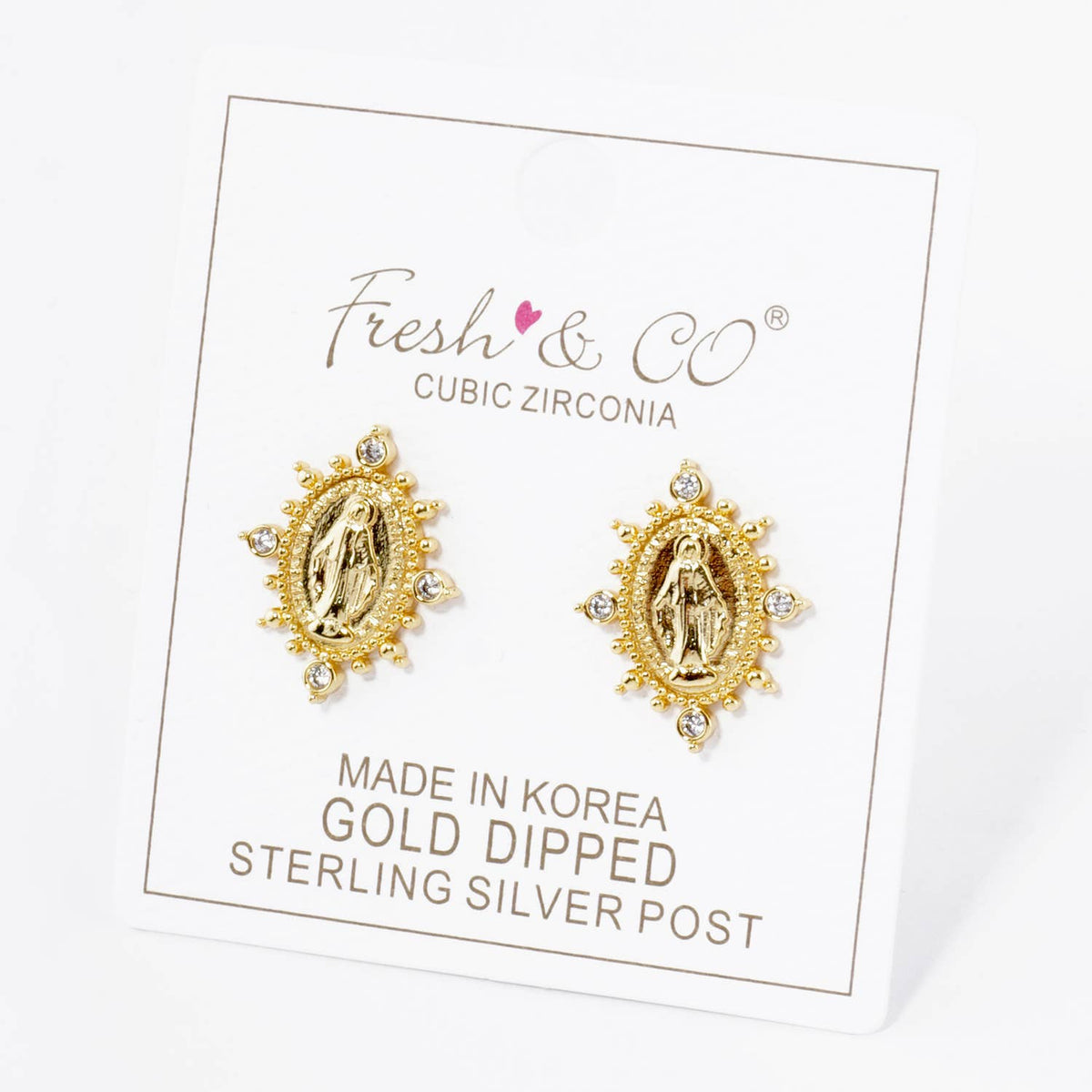 18K GOLD DIPPED CZ OVAL MIRACULOUS MEDAL RELIGIOUS STUD