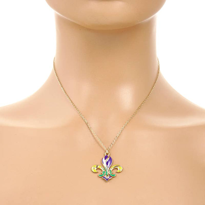 Gold Plated Mardi Gras Fleur De Lis Pendant Necklace