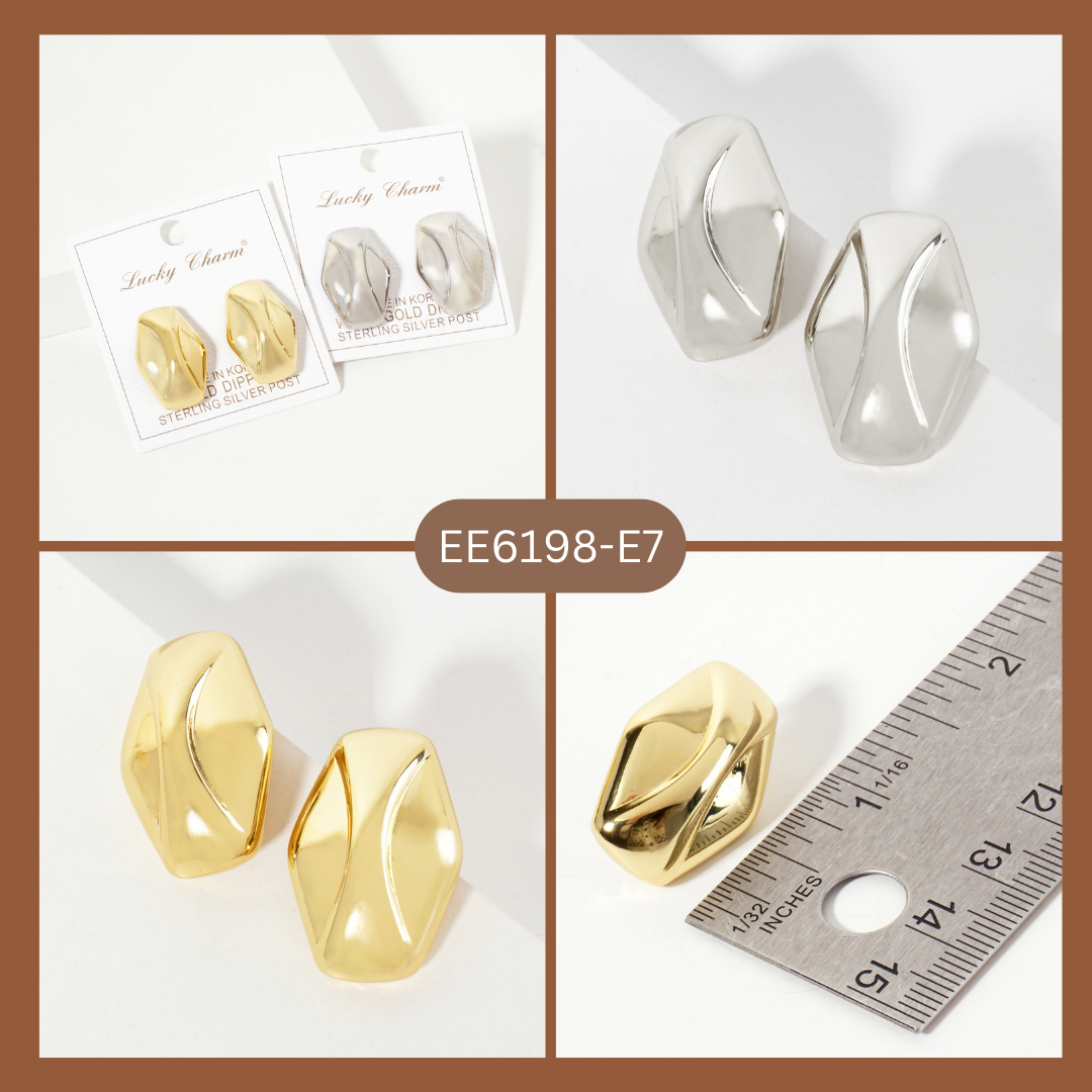 Polished Brass Soft-Curve Lined Hexagon Stud Earrings