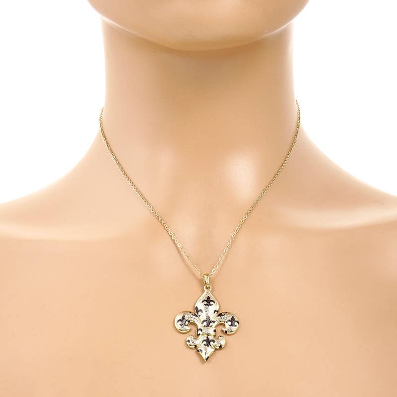 Gold Plated Black Spotted Fleur De Lis Necklace